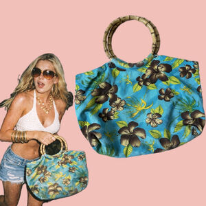 Y2K Max Cocos Hibiscus Print Bamboo Handle Bag – Tropical Retro